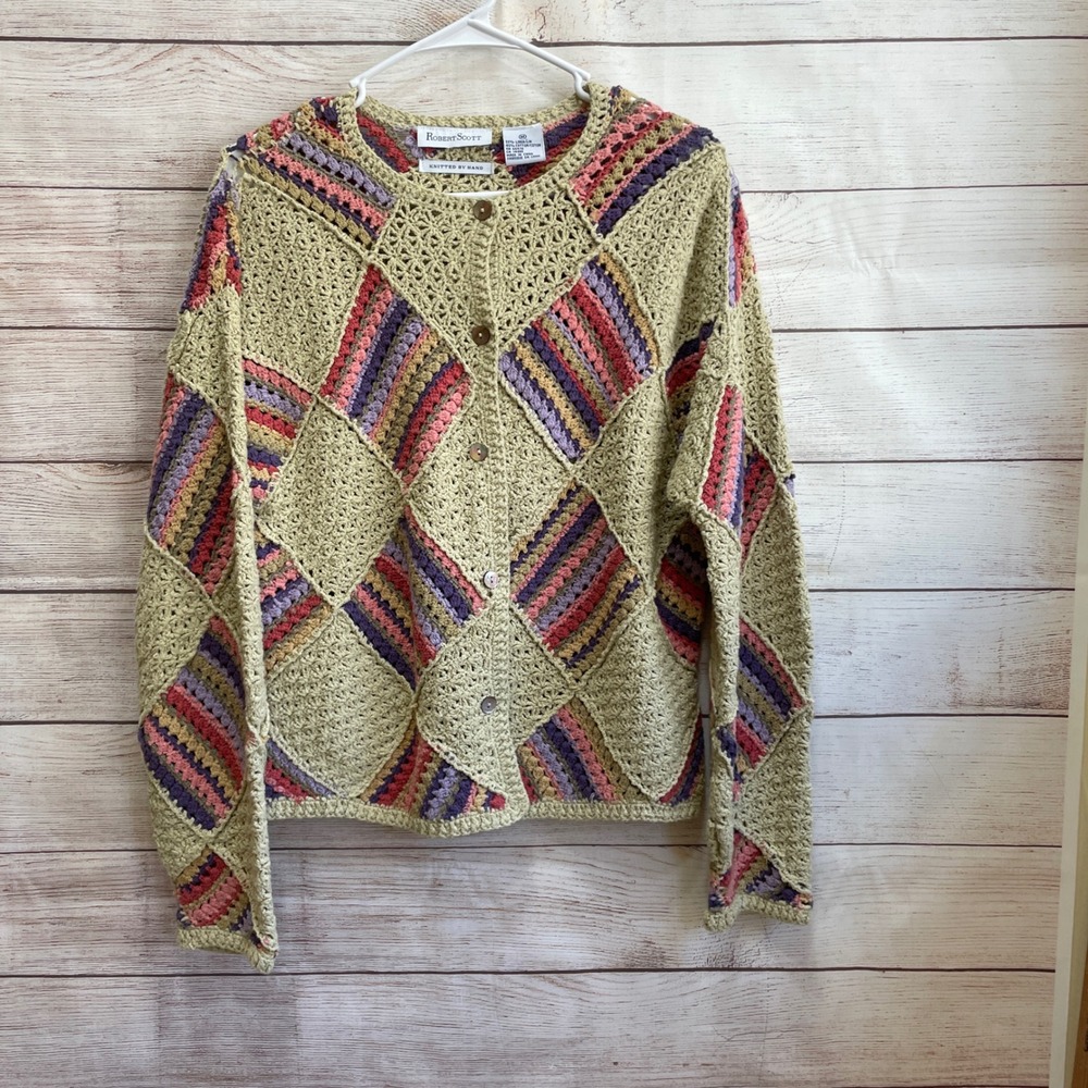 VINTAGE‎ ROBERT SCOTT CROCHET PATCHWORK LINEN BLEND CARDIGAN SWEATER